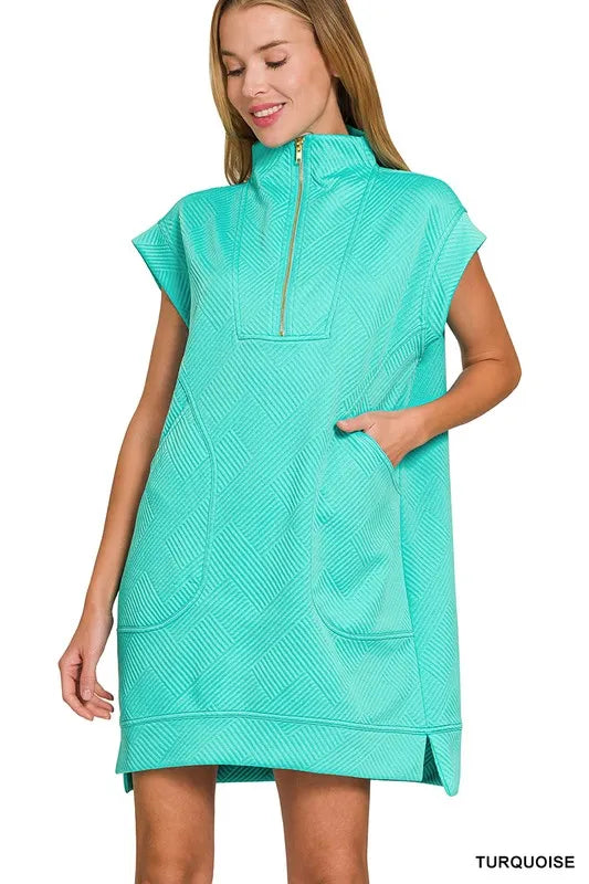 Textured Knit Jacquard Quarter Zipper Mini Dress - Turquoise - product view 1