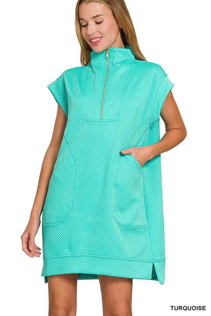Textured Knit Jacquard Quarter Zipper Mini Dress - Turquoise - product view 1