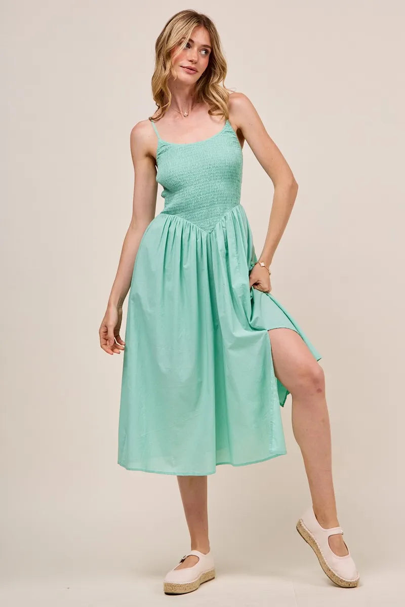 Smocked Sleeveless Casual Everyday Dress With Slit - Sage - product view 6