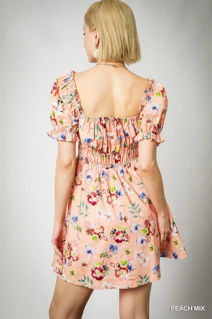 Floral Print Puff Sleeve Mini Dress - Peach Mix - product view 4