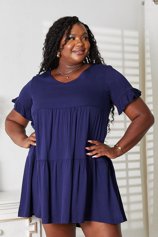 V-Neck Flounce Sleeve Tiered Dress in Dark Blue and Black - product view 1