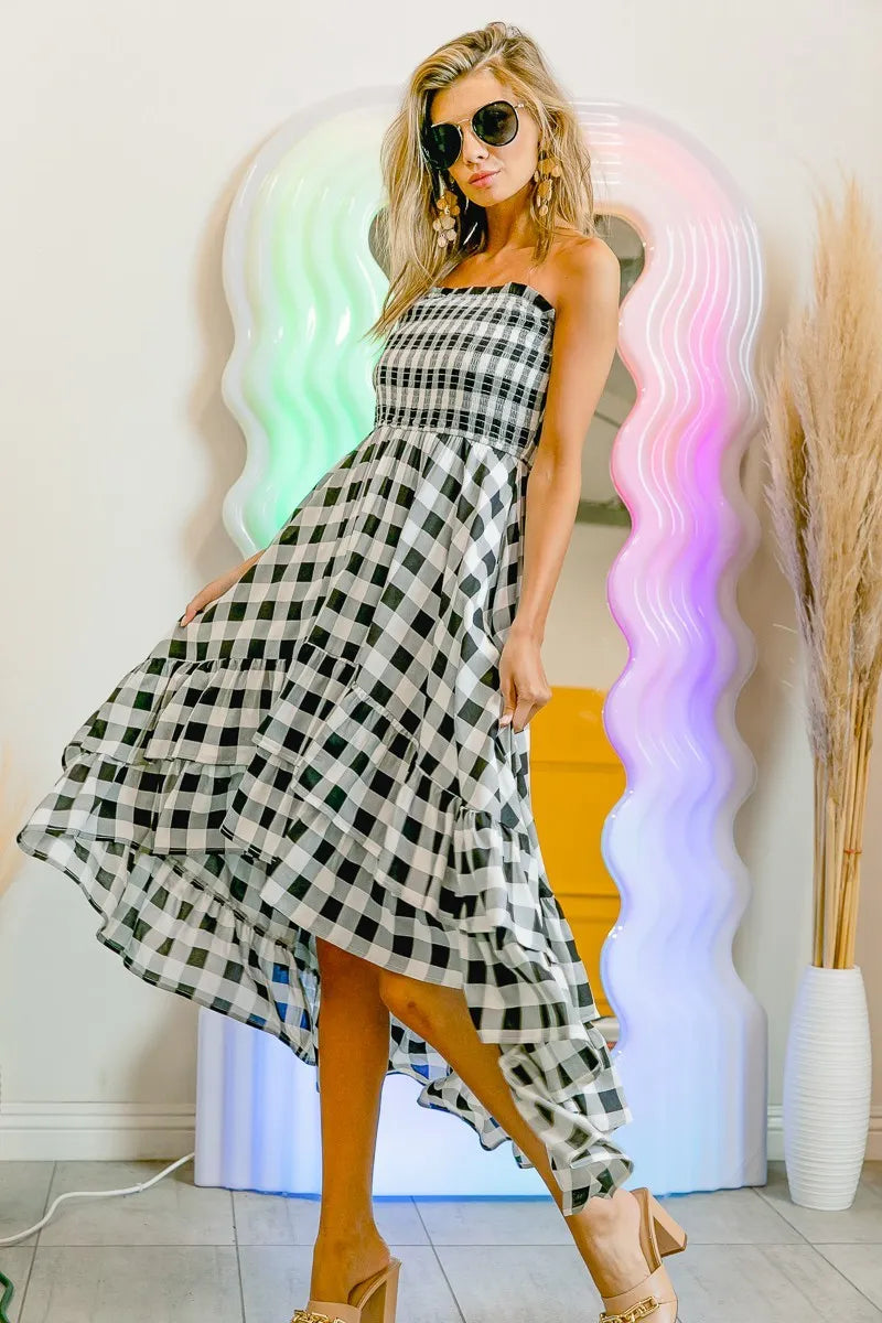 Smocked Body Off Shoulder Check Dress - Black/Ivory - product view 1
