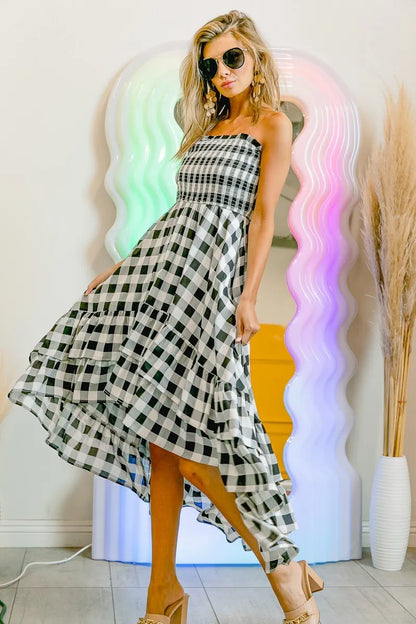 Smocked Body Off Shoulder Check Dress - Black/Ivory - product view 1