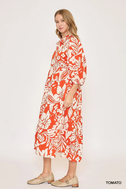 Floral Print Tiered Midi Dress - Tomato - product view 4