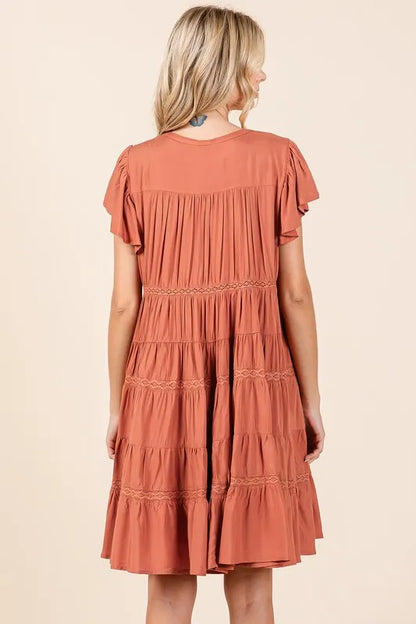 Lace Detail Ruffled Button Down Tiered Dress - Pumpkin - product view 5