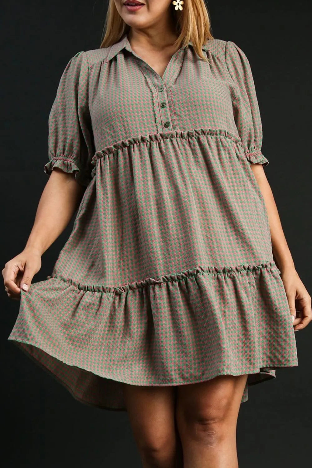 Full Size Plaid Frill Button Detail Ruffled Short Sleeve Dress Plus Size in Green/Pink - product view 3