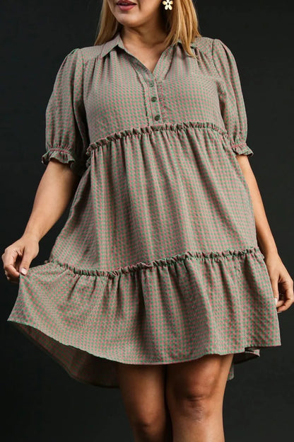 Full Size Plaid Frill Button Detail Ruffled Short Sleeve Dress Plus Size in Green/Pink - product view 3