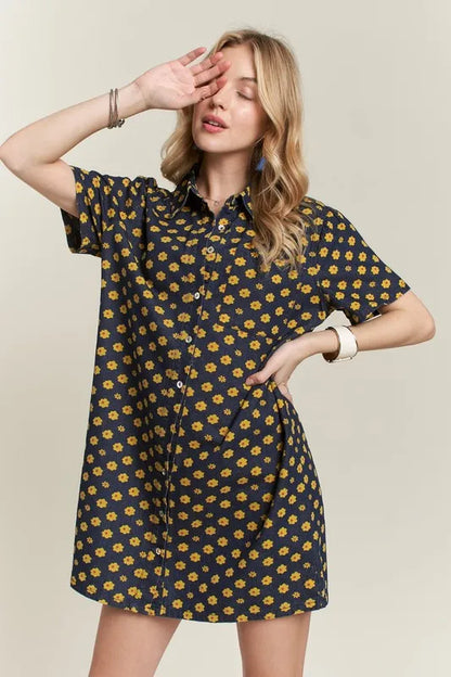 Floral Button-Up Mini Denim Dress in Dark - product view 3
