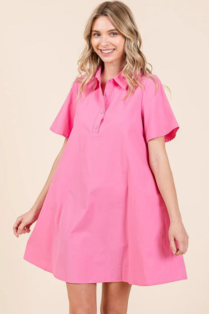 Poplin Collar Pleated Back Mini Dress in Pink - product view 4