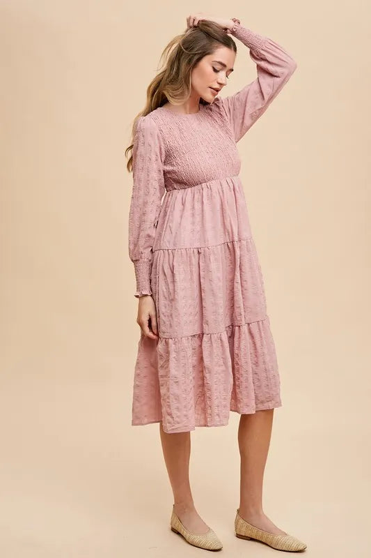Textured Smocking Bodice Tiered Midi Dress in Mauve - product view 4