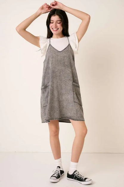 Washed Patch Pocket Mini Cami Denim Dress in Gray - product view 5