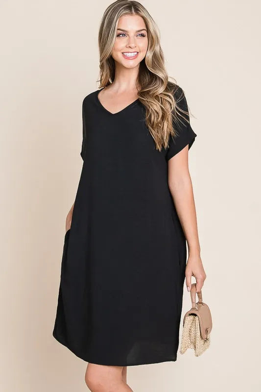 V-Neck Short Sleeve Dress with Pockets - Black - product view 3