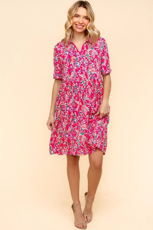 Johnny Collar Babydoll Dress with Side Pockets - Fuchsia - product view 9