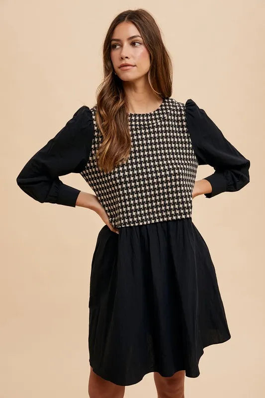 Tie Back Plaid Round Neck Mini Dress in Black - product view 4