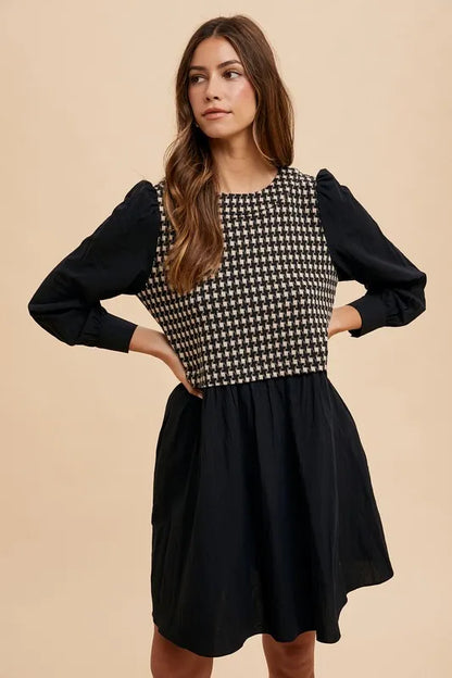 Tie Back Plaid Round Neck Mini Dress in Black - product view 4