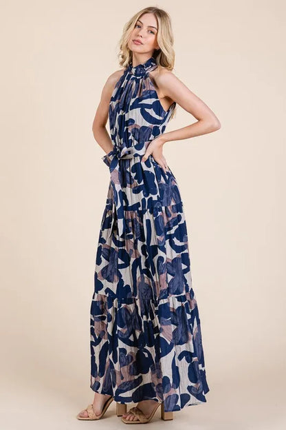 Abstract Halter Neck Tie-Waist Tiered Maxi Dress in Navy Combo - product view 11