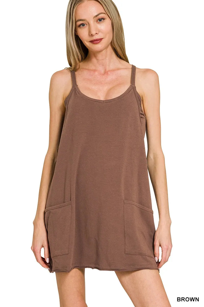 Cami Mini Dress with Built-in Romper Liner - Brown - product view 1