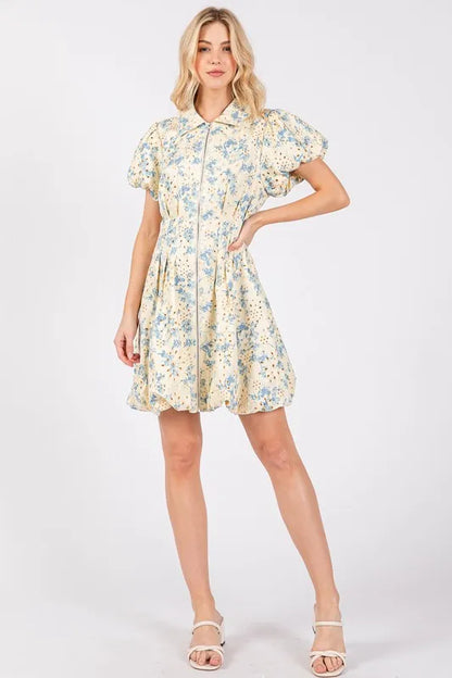 Floral Eyelet Zipper Front Puff Sleeve Mini Dress in Pastel Blue - product view 5