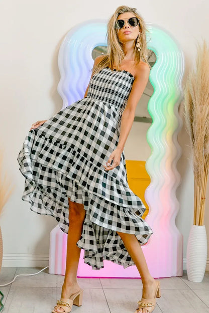 Smocked Body Off Shoulder Check Dress - Black/Ivory - product view 2