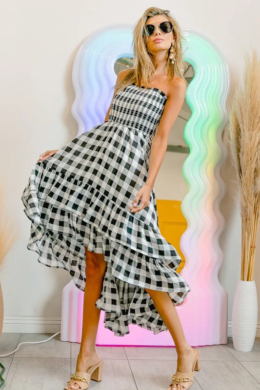 Smocked Body Off Shoulder Check Dress - Black/Ivory - product view 2