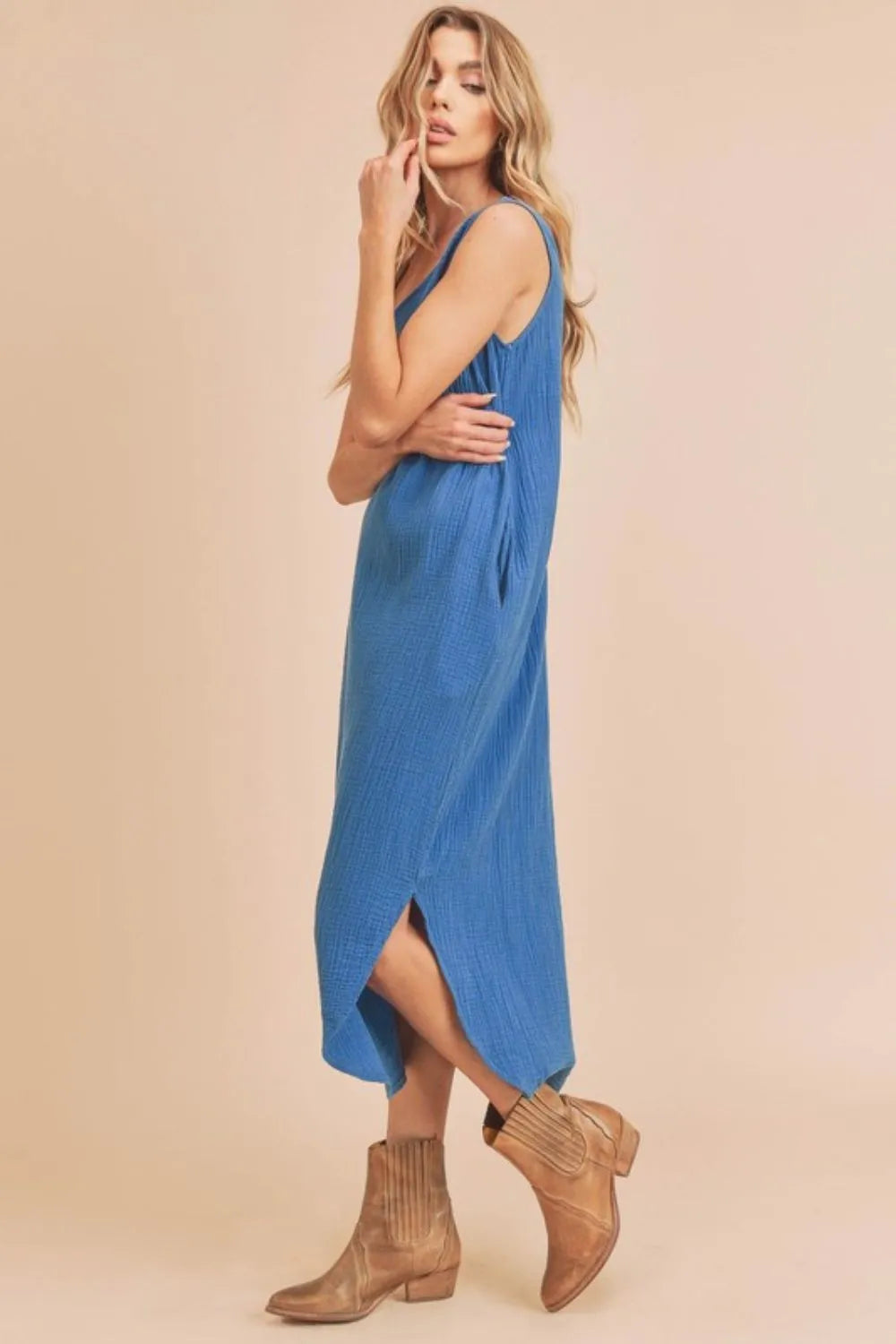 Round Neck Midi Tank Dress with Pockets - Peacock Blue - product view 2
