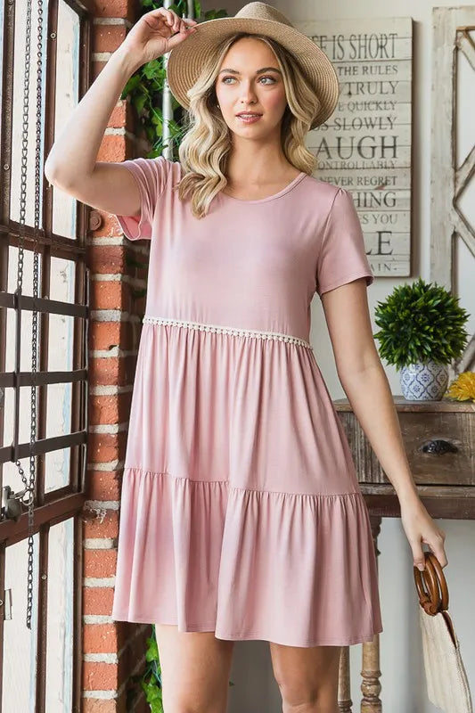 Full Size Solid Mini Tiered Dress with Pompom Lace Plus Size in Dusty Rose - product view 12