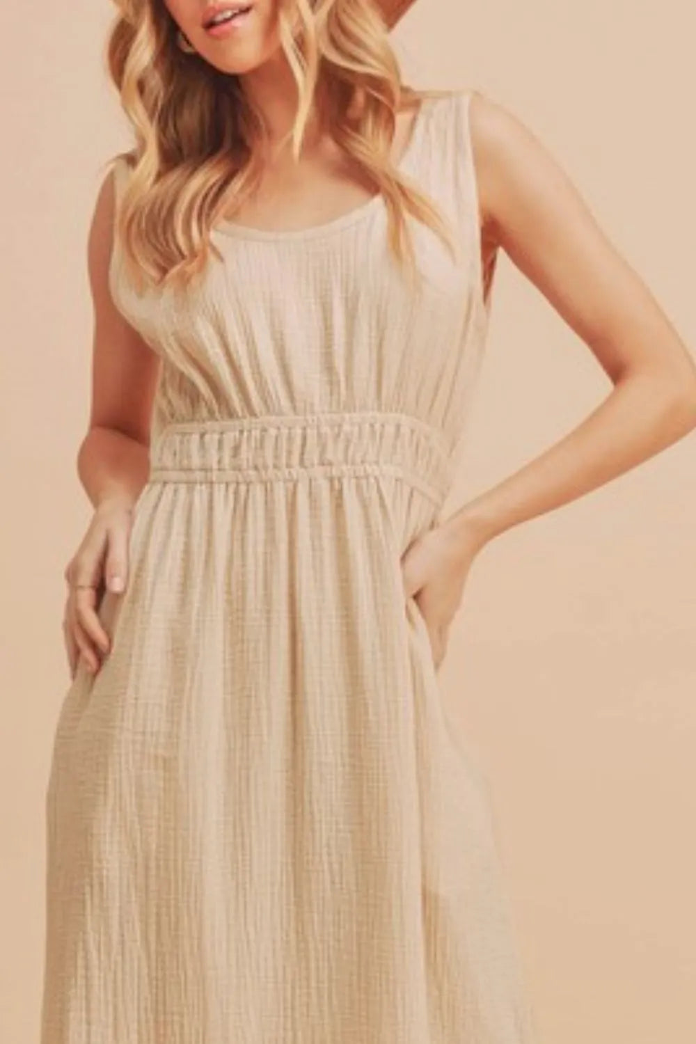Side Slit Round Neck Sleeveless Tank Dress - Oatmeal - product view 3