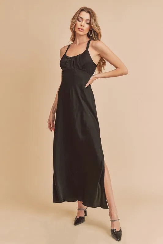 Ruched Side Slit Cutout Back Maxi Cami Dress - Black - product view 1
