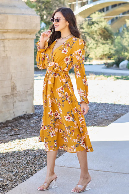 Full Size Floral Tie Back Flounce Sleeve Dress in Caramel - product view 3