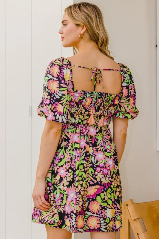 Full Size Floral Tie-Back Mini Dress in Black Multi - product view 2