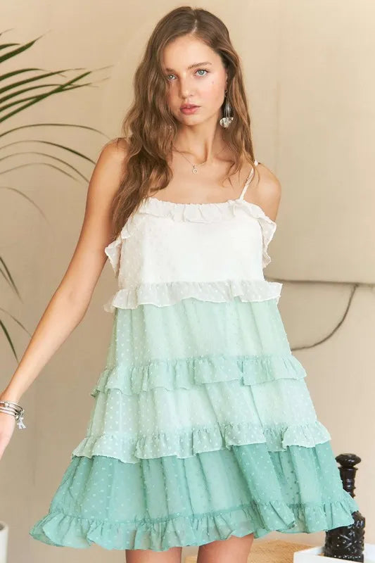 Swiss Dot Ruffled Tiered Mini Dress - Gum Leaf - product view 1