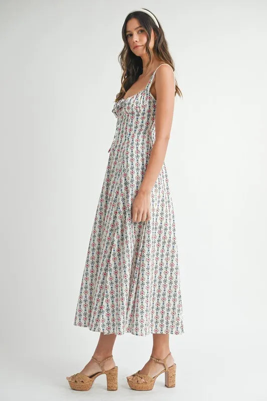 Floral Print Bustier Back Lace Up Midi Dress - Cream - product view 7