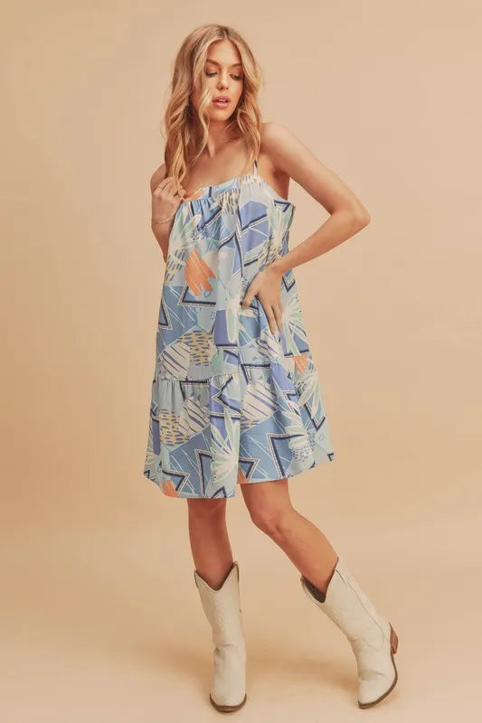 Printed Ruffled Hem Square Neck Mini Cami Dress in Light Blue - product view 2