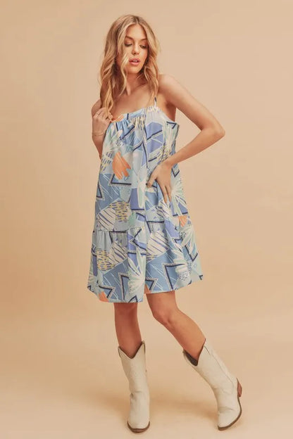 Printed Ruffled Hem Square Neck Mini Cami Dress in Light Blue - product view 2