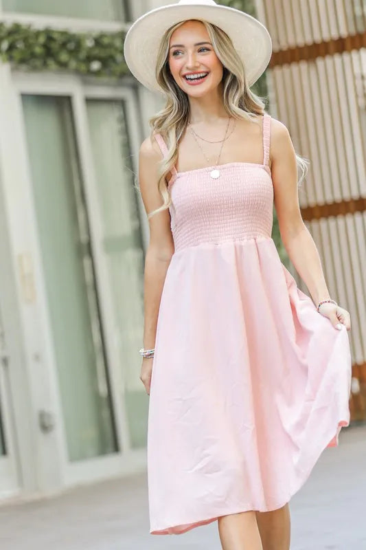 Smocking Open-Back Sleeveless Midi Dress in Pale Pink - product view 1
