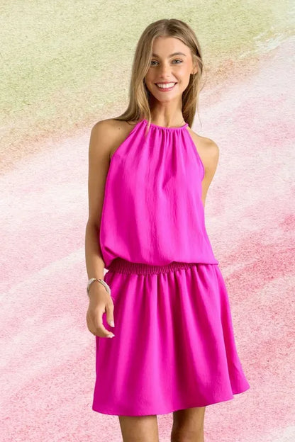 Halter Neck Smocking Waist Dress in Hot Pink - product view 1