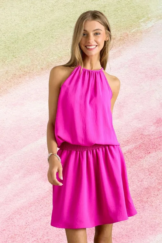Halter Neck Smocking Waist Dress in Hot Pink - product view 1