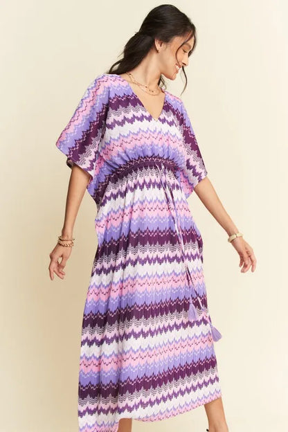 Multi Color Wavy Tie Waist Flowy Sleeve Dress - Lilac Multi - product view 7