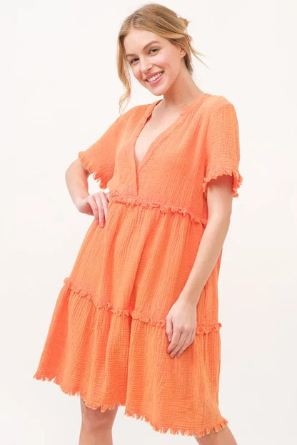 Washed Frayed Detail Tiered Dress - Orange - product view 2