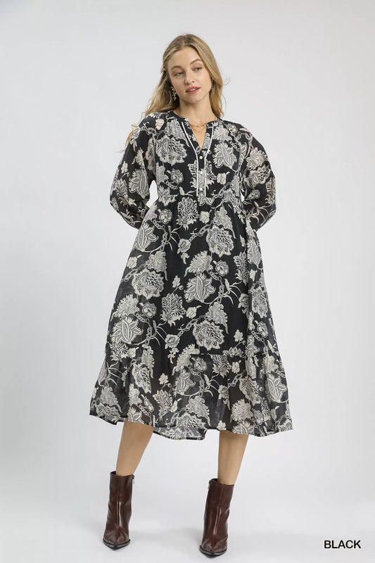 Floral Print Boho Midi Dress in Black - product view 1