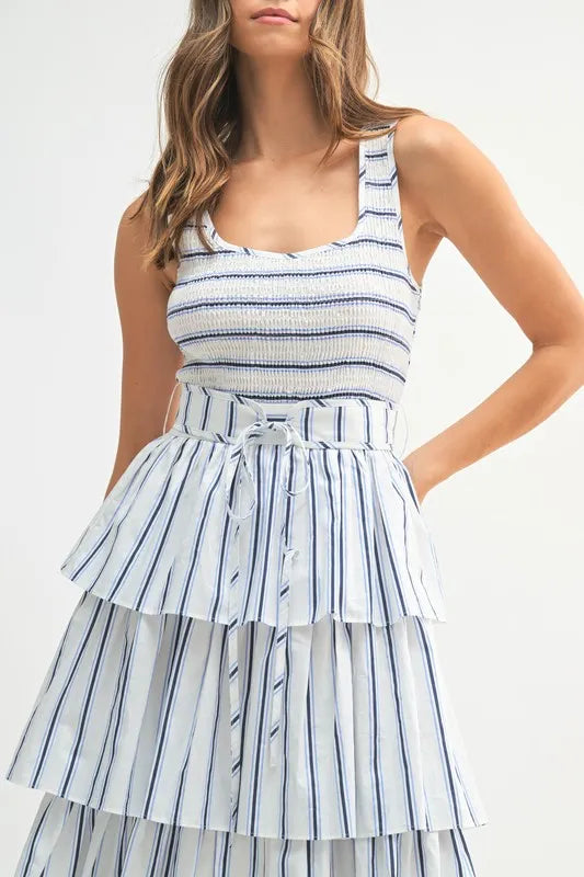Pin Stripe Smocked Bodice Layered Midi Dress in Off White - product view 6