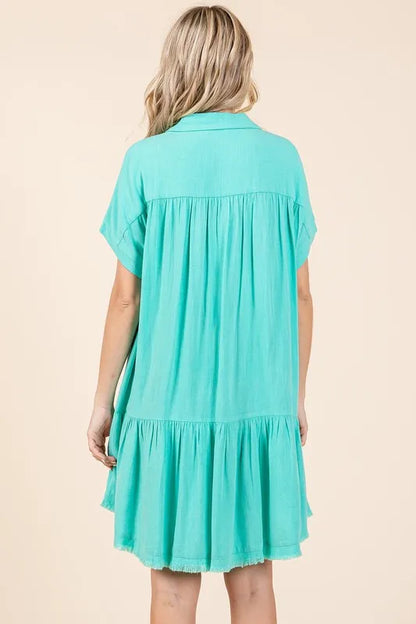 Linen Blend Button Down Shirt Mini Dress in Aqua - product view 5