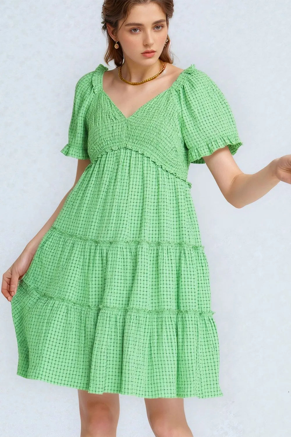 Jacquard Checker Smocking Tiered Dress - Ibiza Green - product view 1