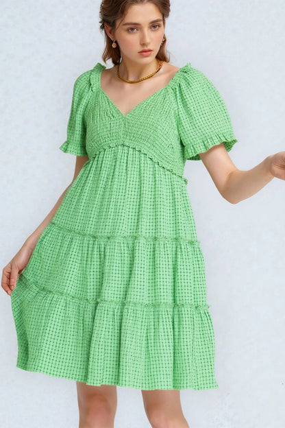 Jacquard Checker Smocking Tiered Dress - Ibiza Green - product view 1