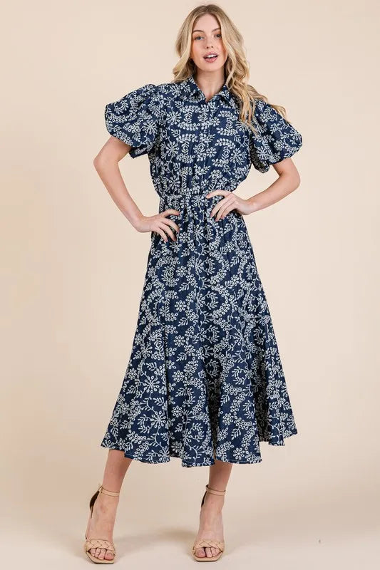 Natural Leaf Pattern Eyelet Lace Puff Sleeve Dress in Navy - product view 7