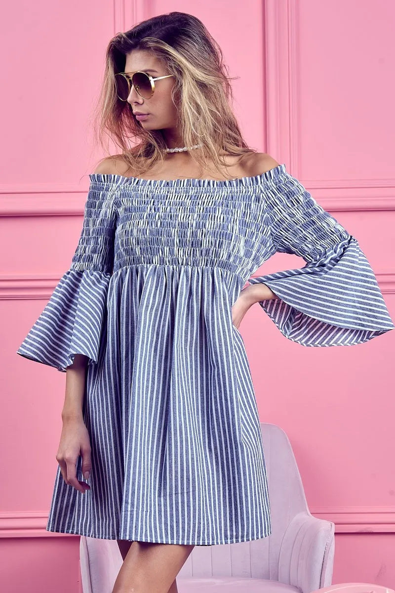 Smocked Off Shoulder Striped Dress - Denim - product view 8