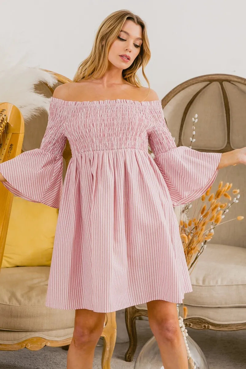 Smocked Off Shoulder Striped Dress - Blush - product view 2