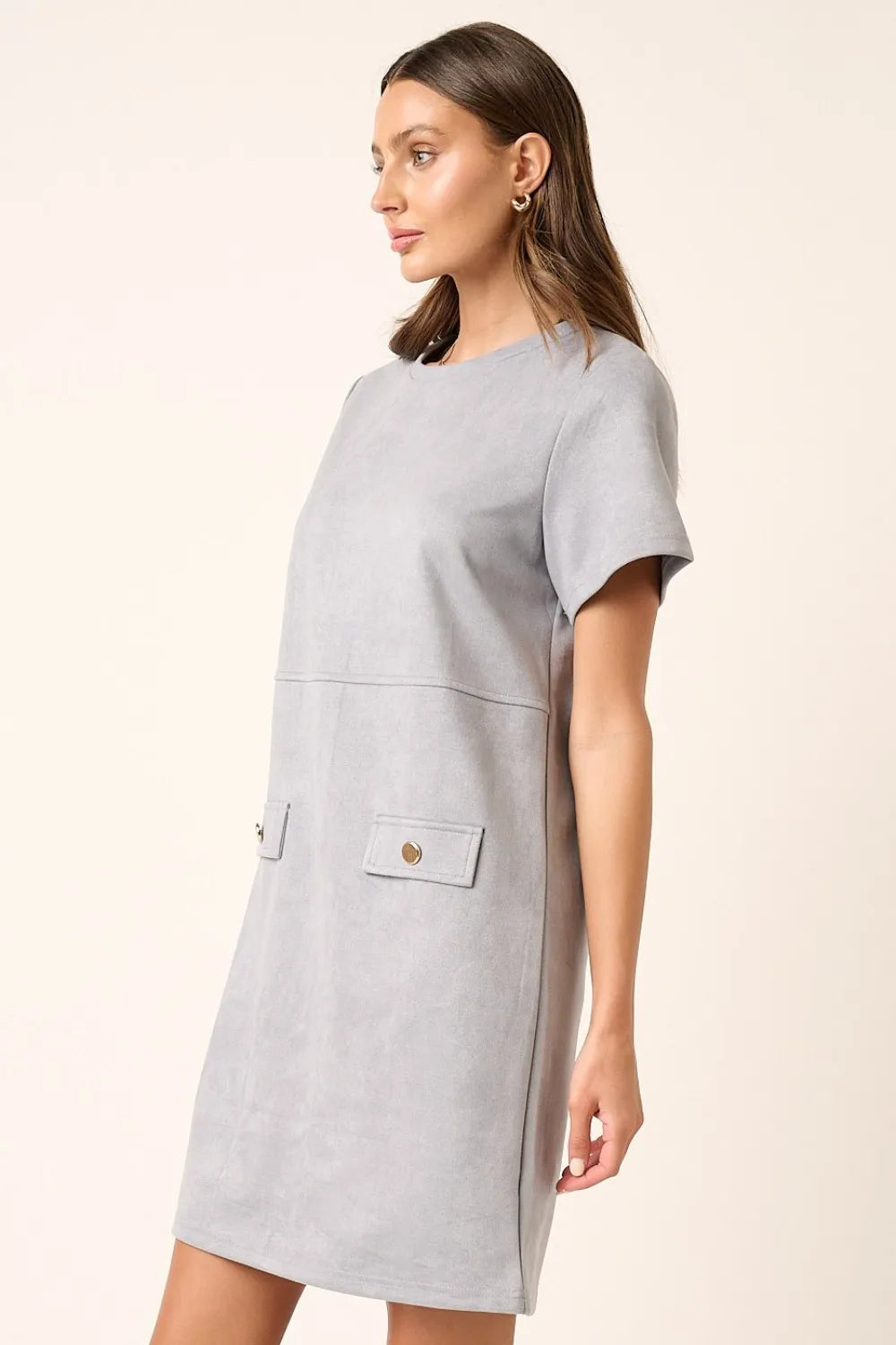 Suede Short Sleeve Mini Dress in Dusty Blue - product view 3