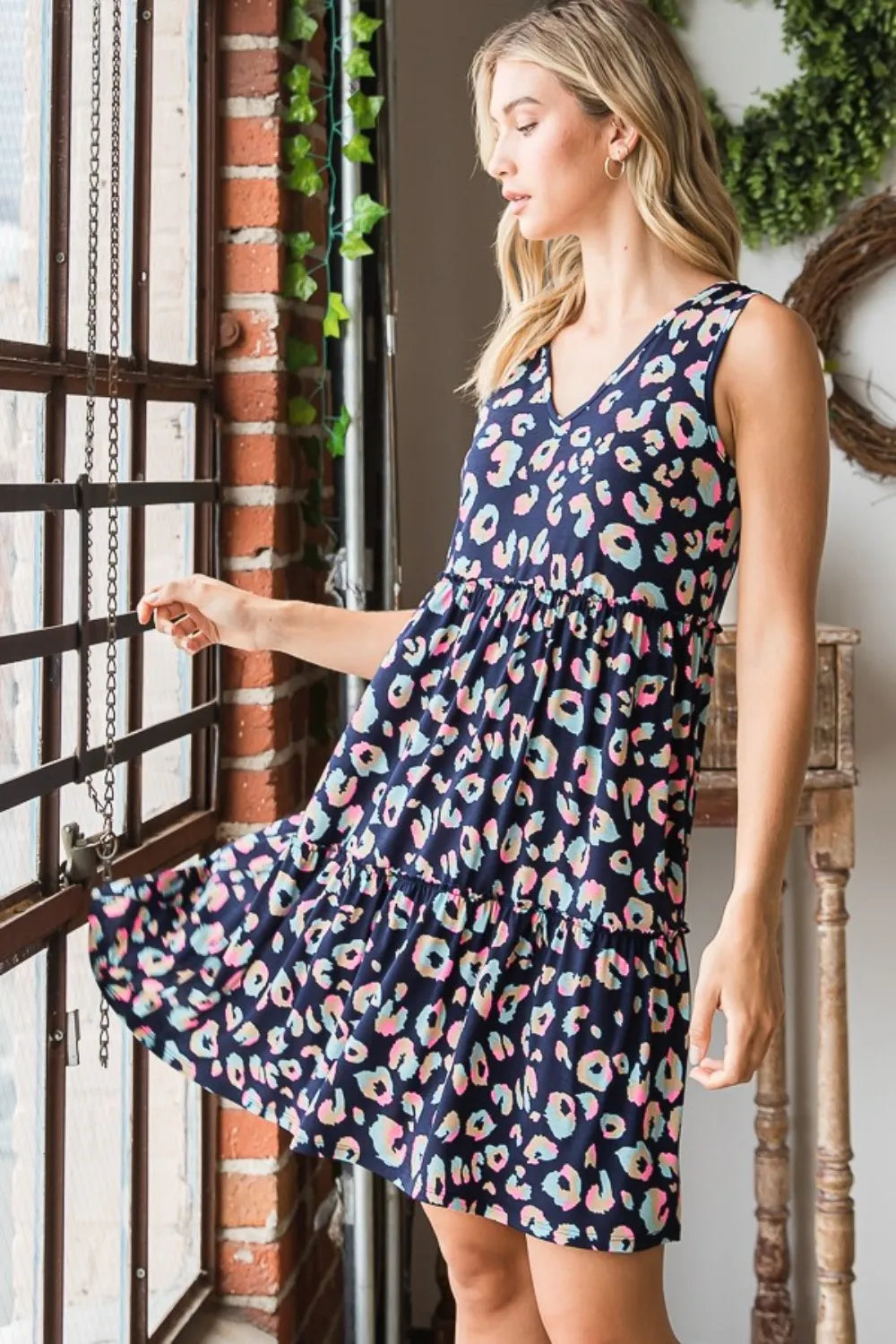 Full Size Leopard V-Neck Ruffled Tank Dress in Navy/Multi - product view 4