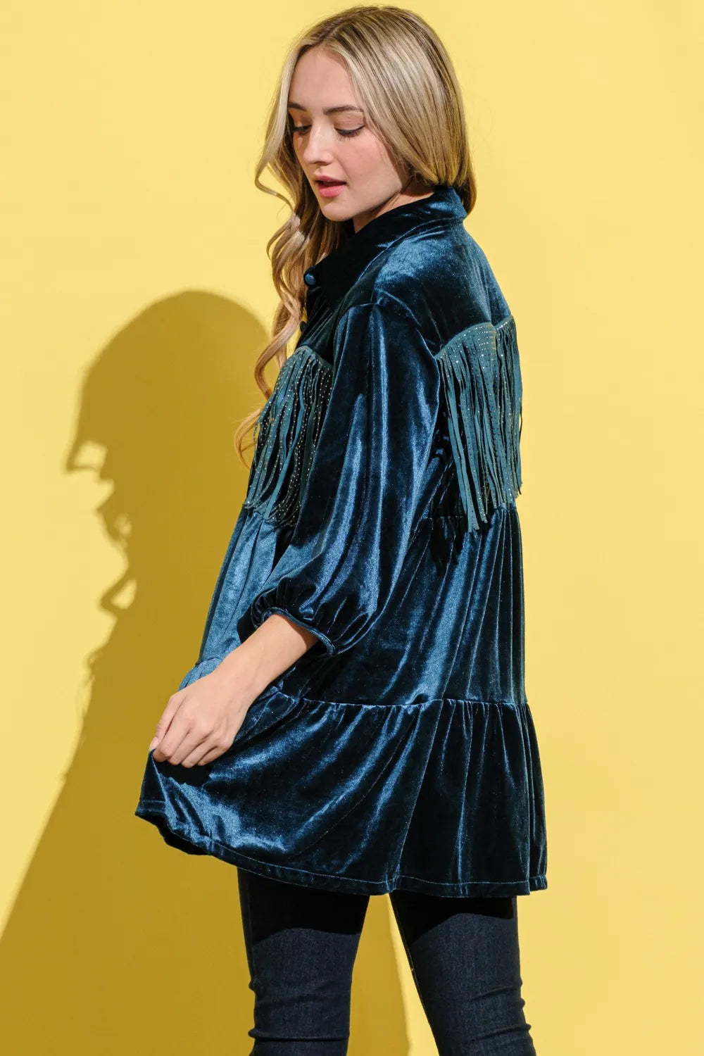 Fringe Detailed Velvet Shirt Dress in Teal - product view 2